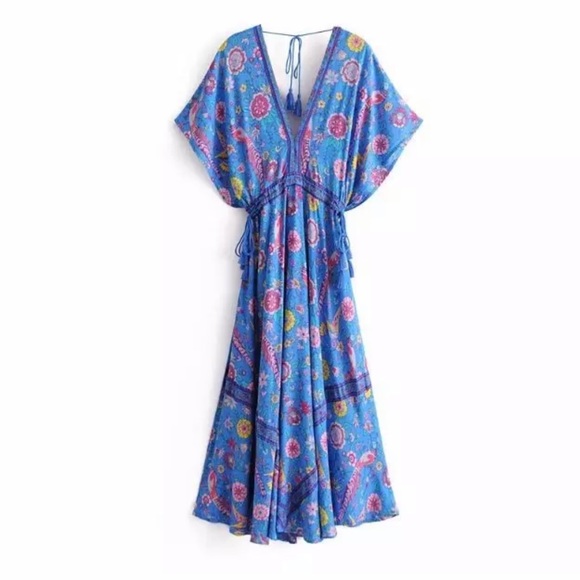 Boho Floral Bird Gypsy Print Maxi Long Dress - Picture 4 of 12